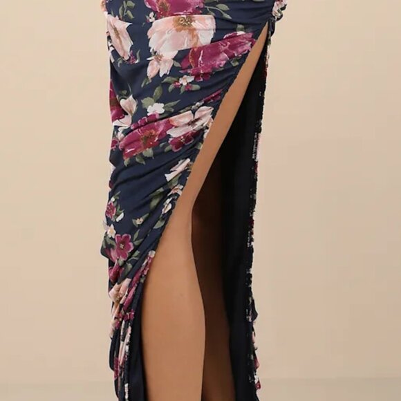 Lulus Averie Navy Floral Mesh Strapless Maxi Dress Blue - Size S - Picture 3 of 7